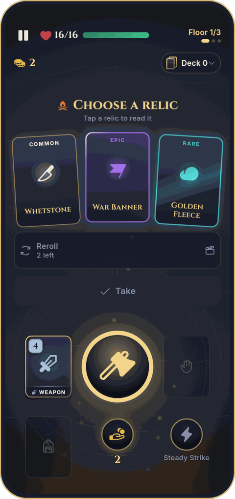 A camp between floors: three relics to choose from, marked Common, Epic and Rare, with a reroll button.