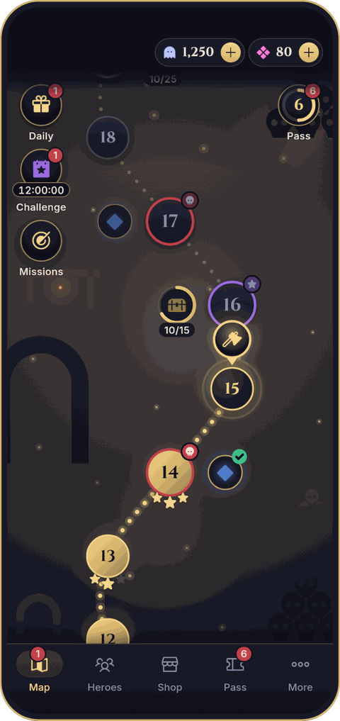 The campaign map: numbered level nodes on a winding path, an elite level marked with a skull, and buttons for Daily rewards, the Daily Challenge and Missions.