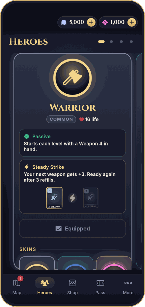 The Heroes screen showing the Warrior: 16 life, his passive and the Steady Strike skill.