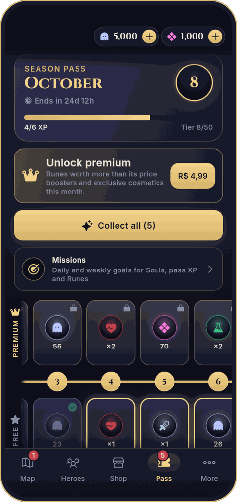 The Pass tab: the October season pass at tier 8, a Missions row, and free and premium reward tracks.