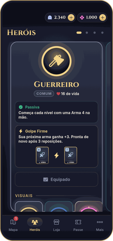 A tela de Heróis com o Guerreiro: 16 de vida, a passiva e a habilidade Golpe Firme.